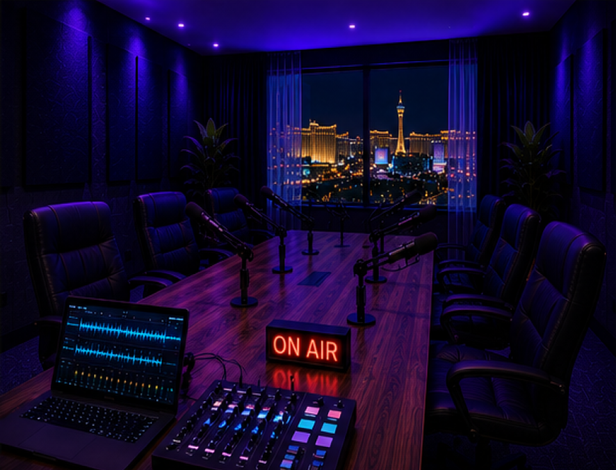 Night mode podcast studio with premium production lighting