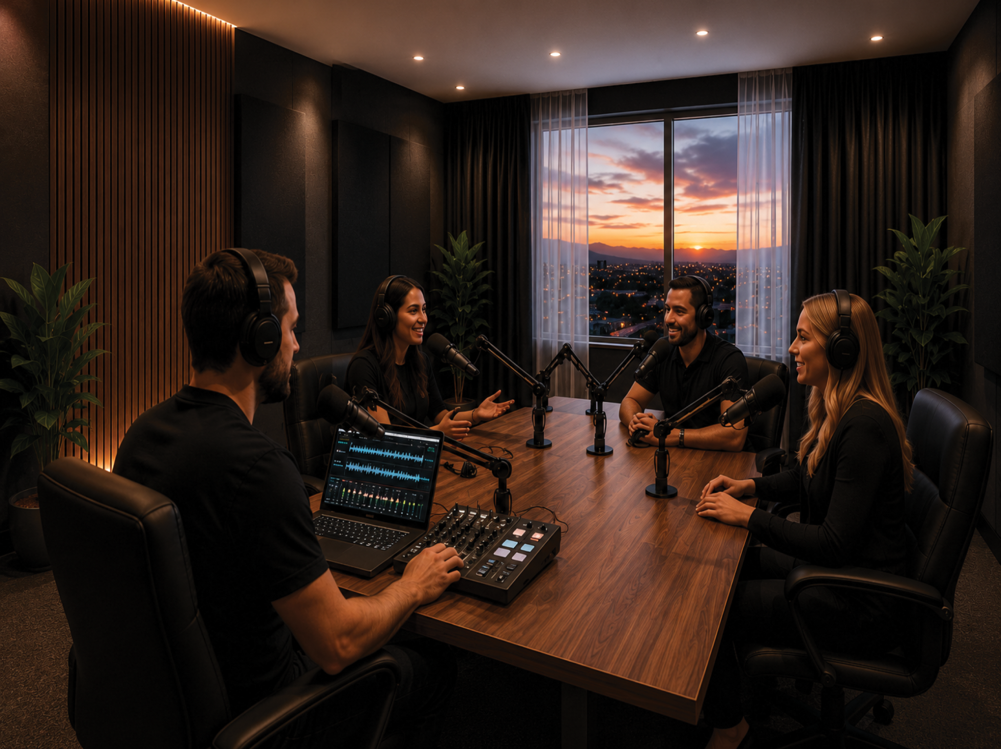 Four people recording a professional podcast in Las Vegas studio