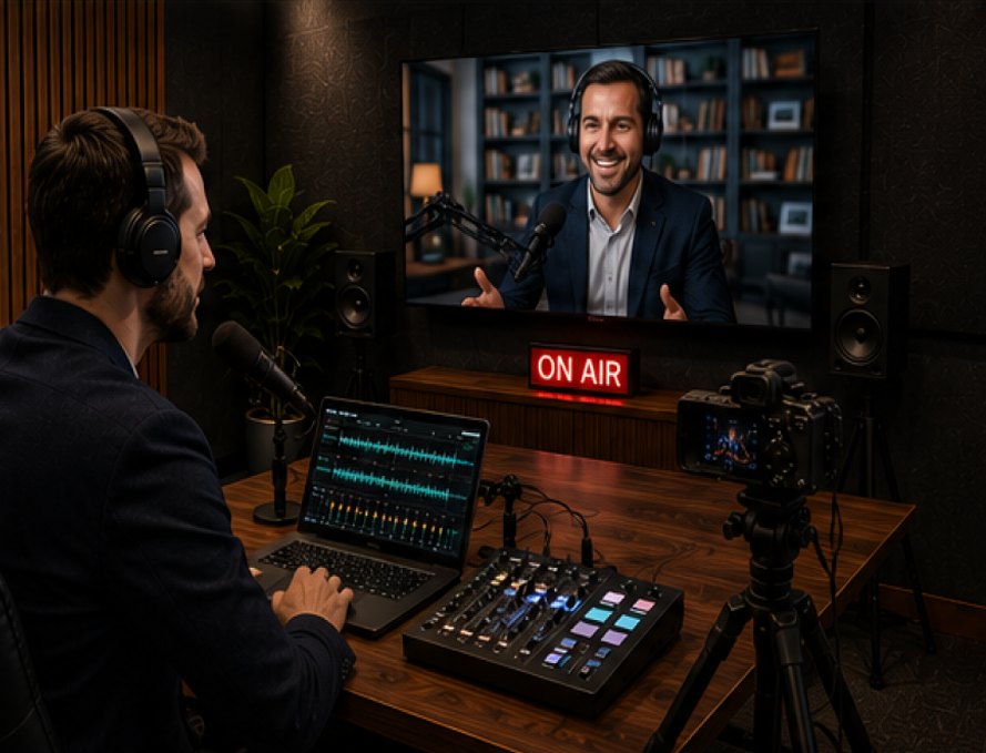 Remote guest podcast production studio with video interview display